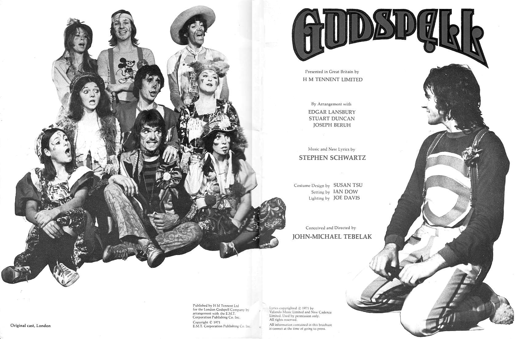 August 1973 programme (playbill) from the Original West End production of the Stephen Schwartz musical hit "Godspell" at Wyndham's Theatre in London. (The original Off-Broadway production opened May 17, 1971 at the Cherry Lane Theatre in New York City, moved to the Promenade Theatre August 10, 1971, and ran for a combined 2,124 performances. The London production opened November 17, 1971 at the Roundhouse Theatre, moved to Wyndham's Theatre on January 26, 1972, and ran for 1,128 performances.) The ensemble cast included Johanna Cassidy, David Essex, Jeremy Irons, Tony Jackson, Sally Mates, Verity-Anne Meldrum, Mandy More, Deryk Parkin, Tom Saffery and Gay Soper. (Credits: Music and lyrics by Stephen Schwartz ("The Magic Show," "Godspell," "Pippin," "The Baker's Wife," "Working," "Rags," "Children of Eden" and "Wicked"), based on "The Gospel According to St. Matthew." Sets designed by Ian Dow; costumes designed by Susan Tsu; playbill cover illustrated by David Byrd; conceived and directed by John-Michael Tebelak.)