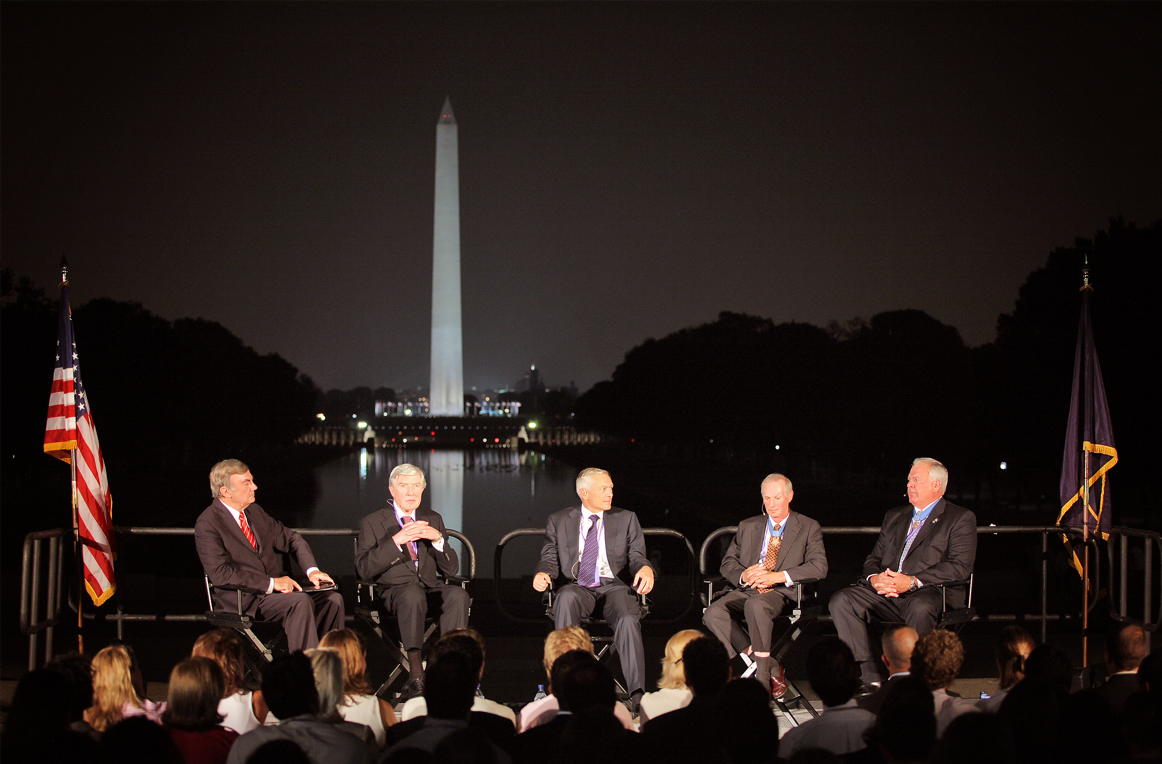 Journalists Sam Donaldson and Neil Sheehan, General Wesley Clark, and Medal of Honor recipients Tommy Norris and Michael Thornton discuss the lessons of the Vietnam War in a session among the monuments of Washington.