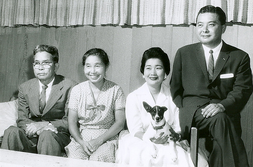 After returning from World War II, Daniel Inouye earned a law degree and embarked on a political career, with the support of his proud family. From L to R: his father Hyotaro, his mother Kame, and his wife Maggie.