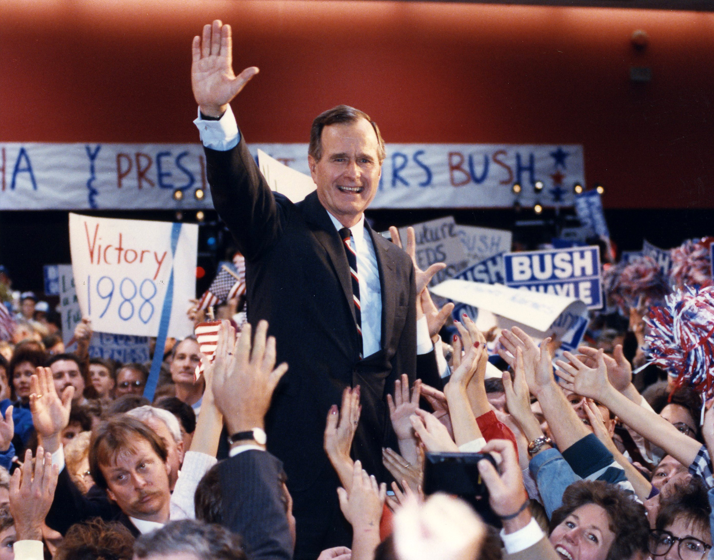 November 8, 1988: George H.W. Bush was elected the 41st President of the United States. The Vice President fashioned a solid, 6-to-5 victory in the popular vote over Gov. Michael S. Dukakis of Massachusetts with a sweep of the once Democratic South.