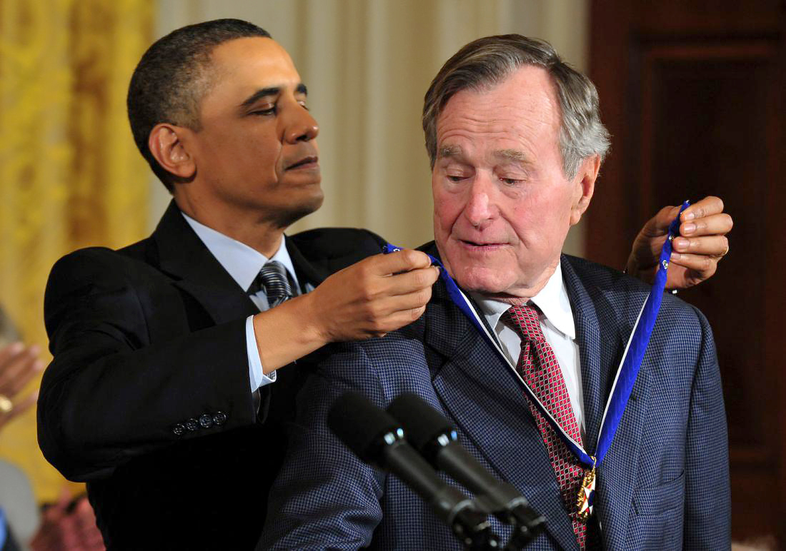 February 15, 2011: President Barack Obama awards the 2010 Presidential Medal of Freedom to President George H. W. Bush during a ceremony at the White House. (UPI/Kevin Dietsch)