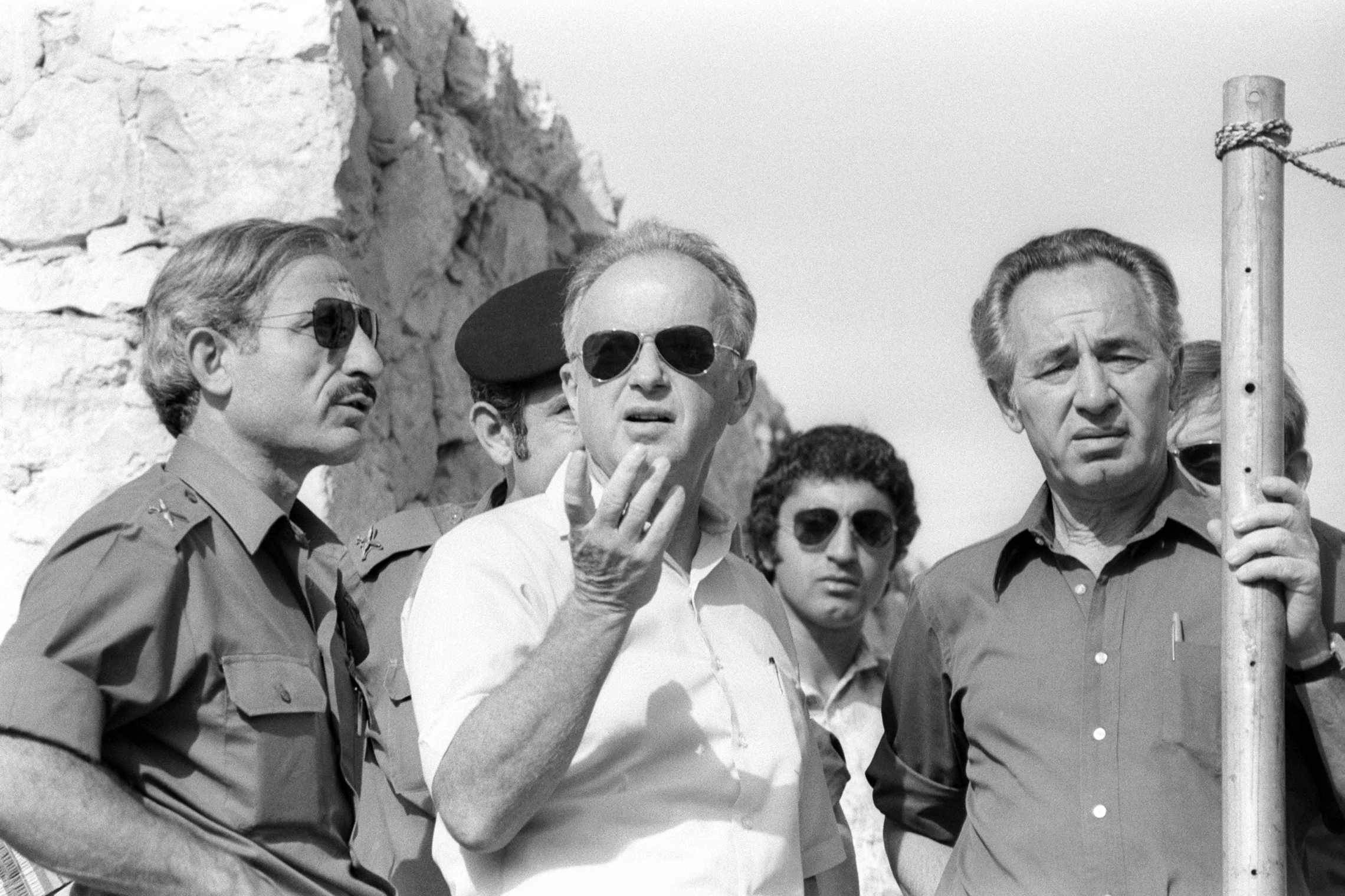 October 15, 1976: Israel's Defense Minister Shimon Peres stands next to Prime Minister Yitzhak Rabin during a visit to the ruins of a synagogue in the West Bank City of Hebron. (Reuters)