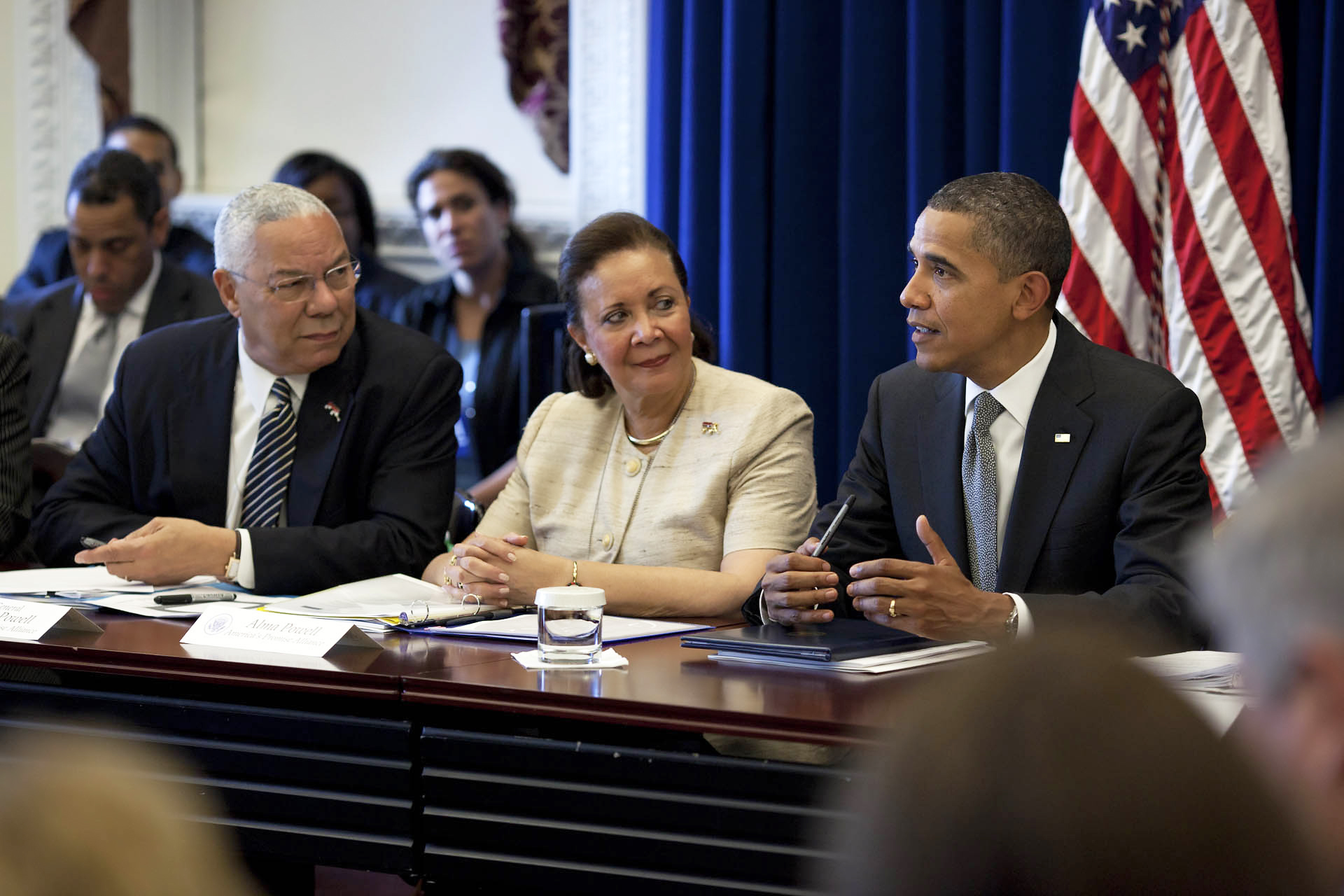 July 18, 2011: President Barack Obama hosts an education roundtable in the Eisenhower Executive Office Building with business leaders and America’s Promise Alliance Chair Alma Powell, center, and Founding Chair General Colin Powell, left, to discuss what the business community can do to ensure we have a skilled, educated and competitive U.S. workforce. (Official White House photo by Pete Souza)