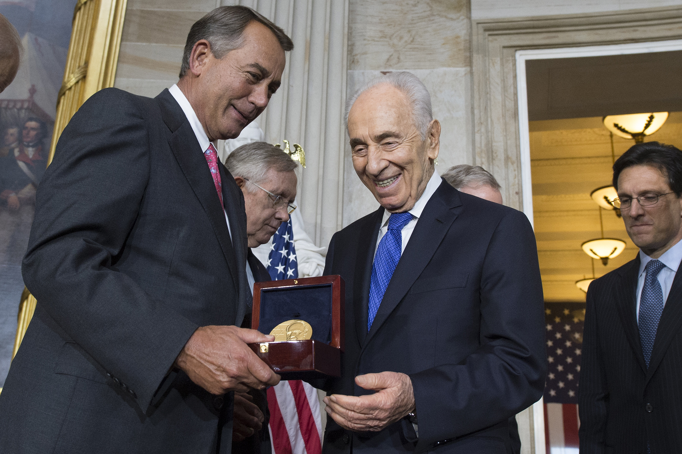 June 26, 2014: President of Israel Shimon Peres is awarded the Congressional Gold Medal, beside Speaker of the House Republican John Boehner, House Majority Leader Eric Cantor and Senate Majority Leader Harry Reid, at the U.S. Capitol in Washington D.C. (Michael Reynolds)