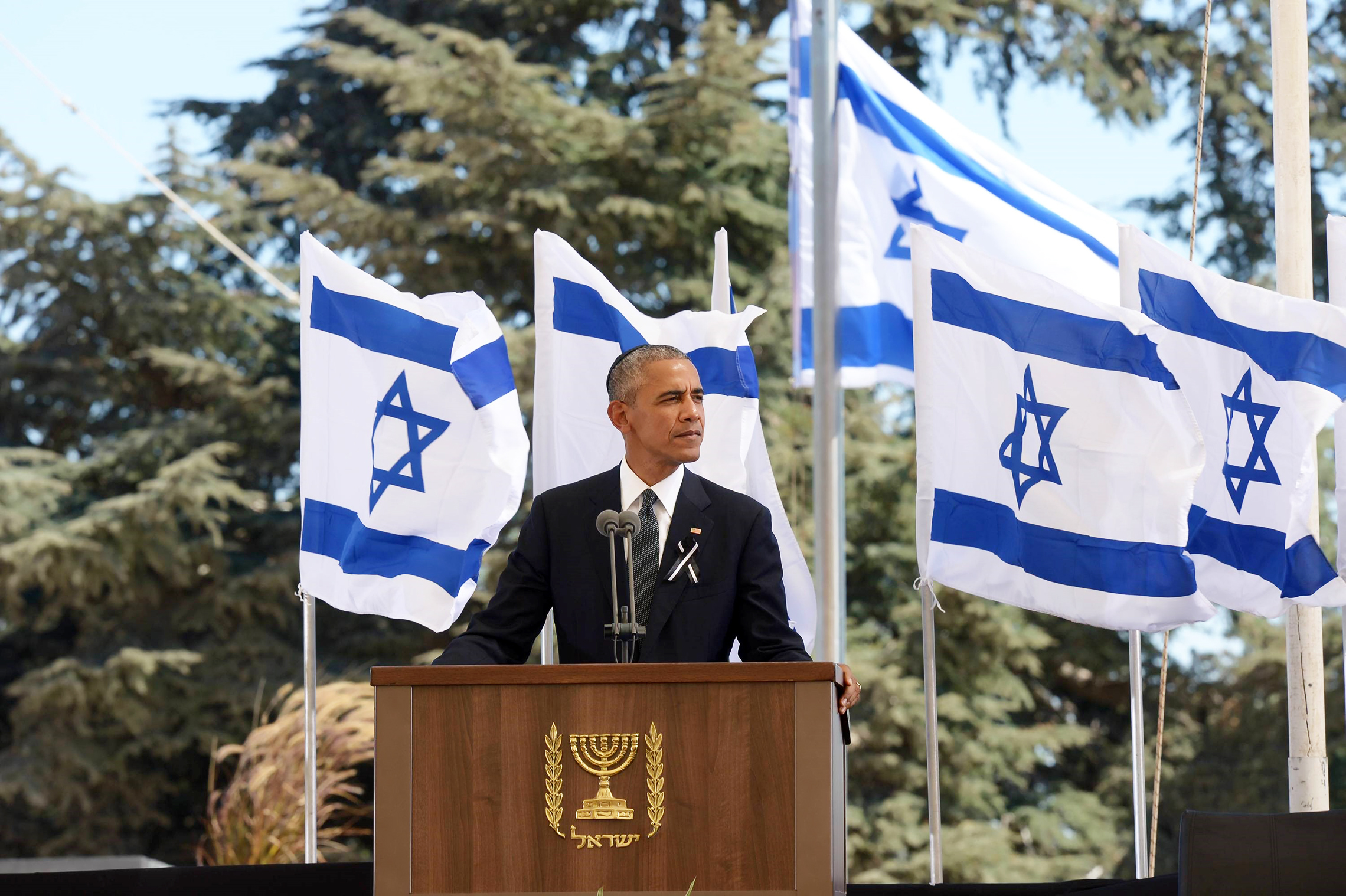 September 30, 2016: US President Barack Obama delivers a speech during the funeral ceremony held for the Israel's former President and Prime Minister Shimon Peres at Mount Herzl in Jerusalem, Israel on . Shimon Peres passed away on September 28, 2016, at the age of 93, two weeks after suffering a stroke. (Photo by Pool / Amos Ben Gershom / GPO /Anadolu Agency/Getty Images)