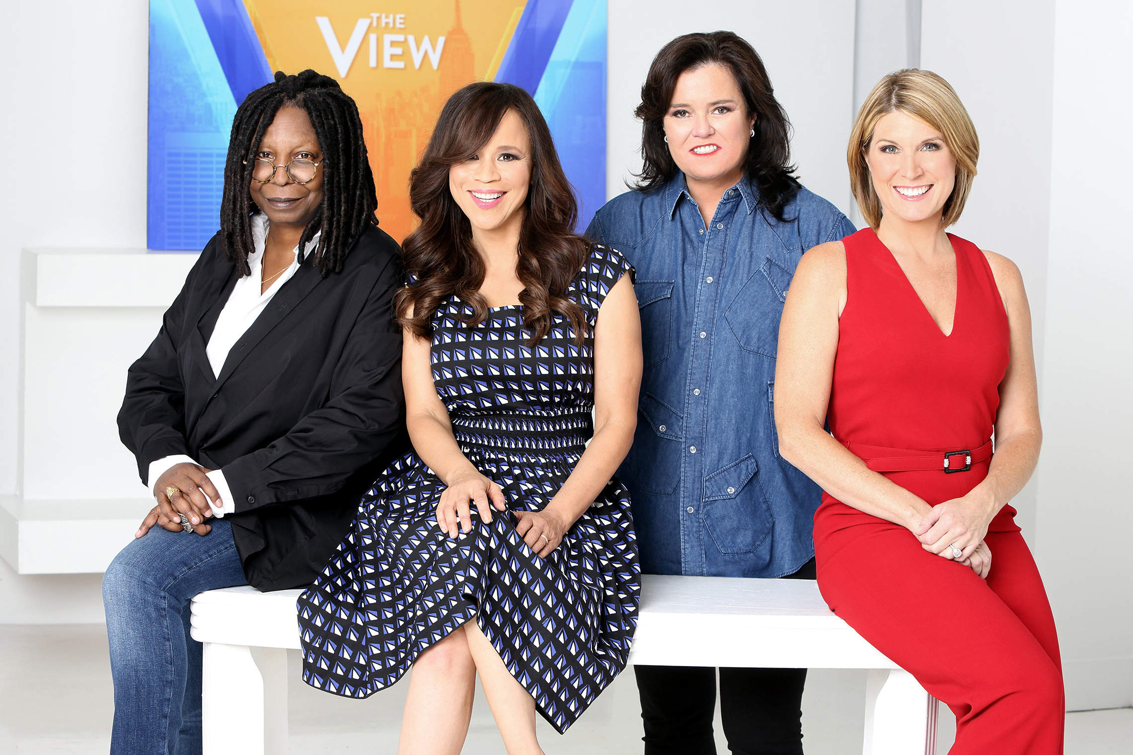 2014: Whoopi Goldberg, Rosie Perez, Rosie O'Donnell, and Nicolle Wallace on ABC's daytime television talk show "The View." Since 2007, she has been the moderator of the show.