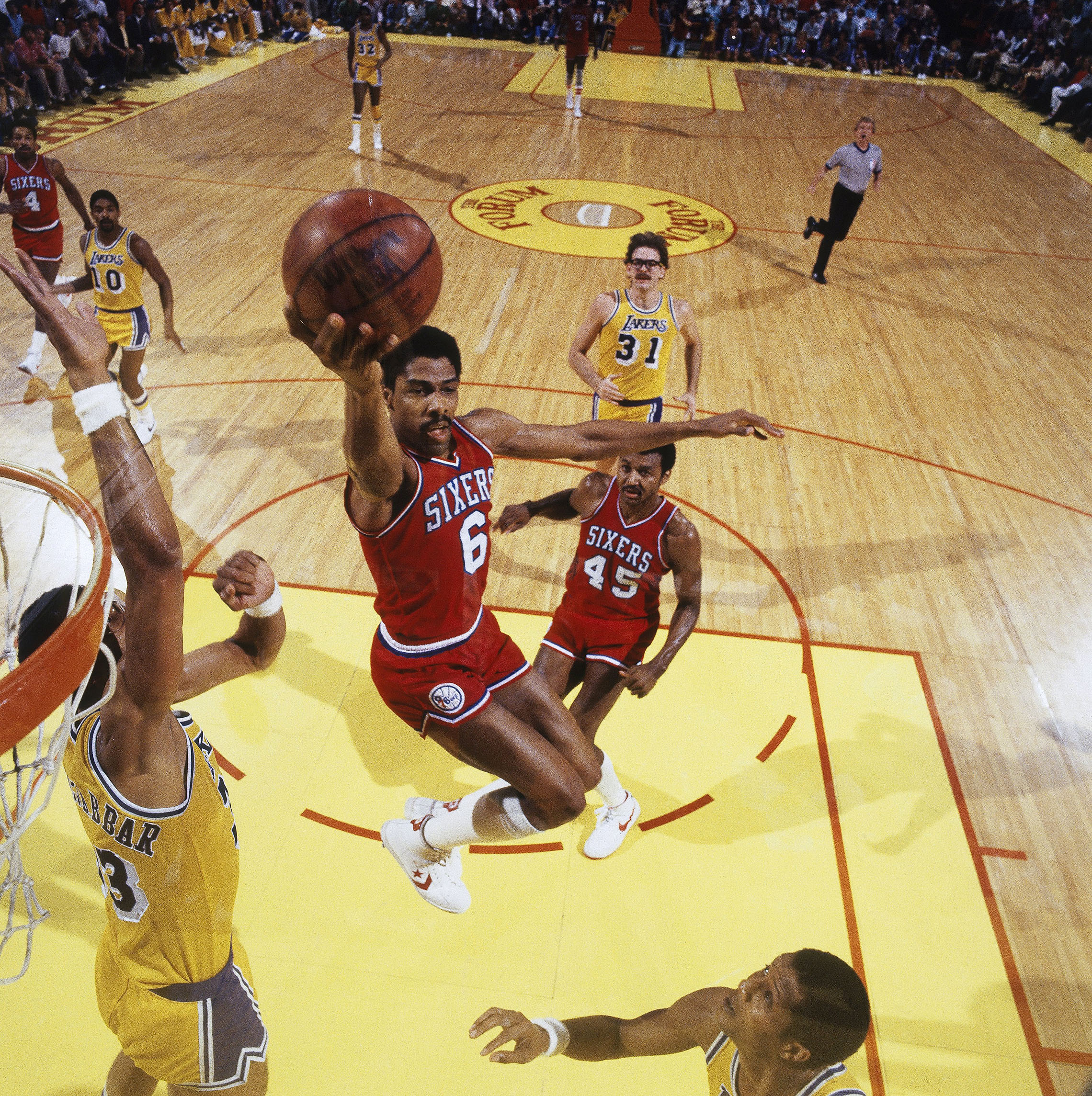 May 31,1983: Philadelphia 76ers Julius Irving in action, layup vs Los Angeles Lakers. Inglewood, CA during the NBA Finals. (Manny Millan /Sports Illustrated/Getty Images)