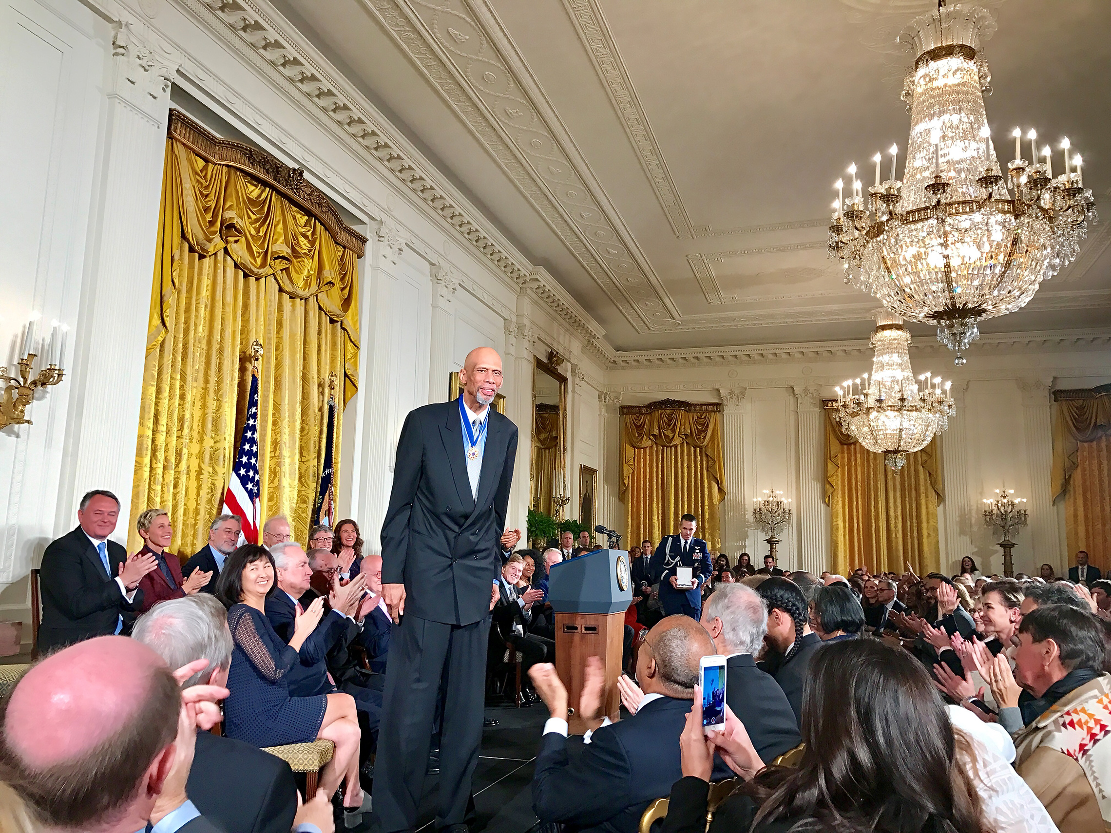 November 22, 2016: President Barack Obama awards Kareem Abdul-Jabbar with the Presidential Medal of Freedom during a ceremony in the East Room of the White House in Washington, D.C.